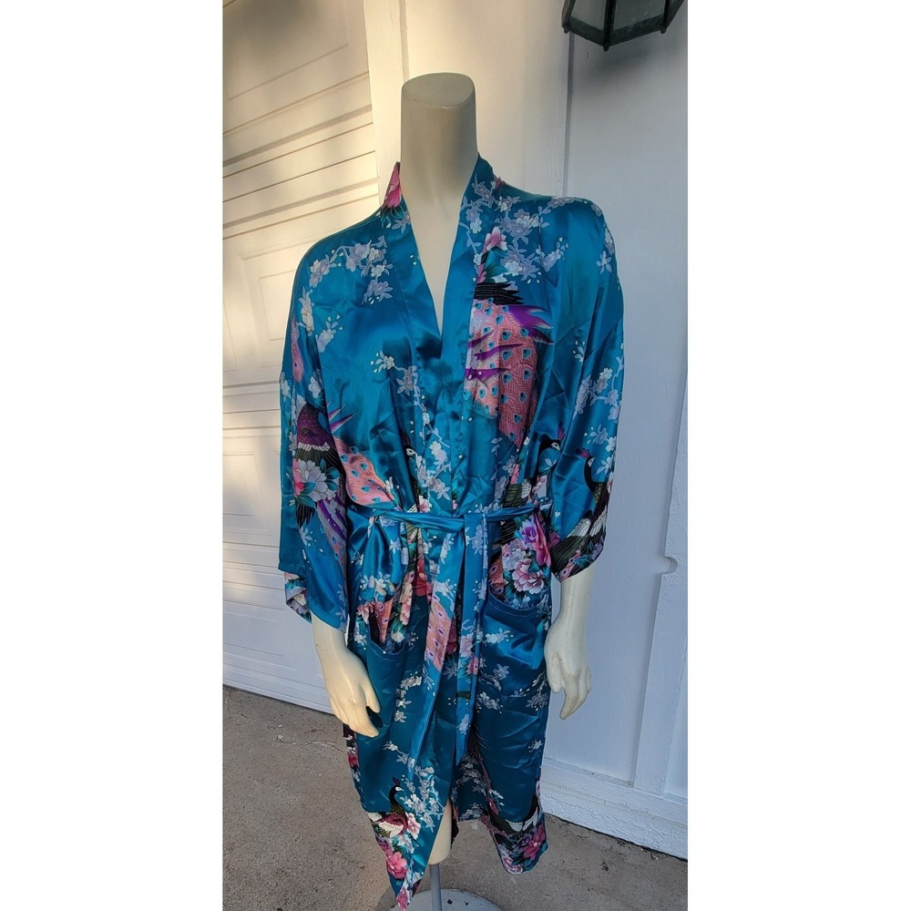 Tian Bao Gong Kimono Sleeve Robe One Size Peacock Cherry Blossom Turquoise Satin